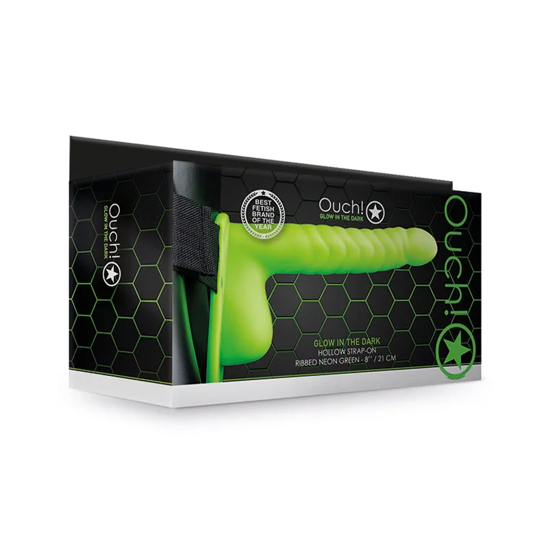 Ouch! Glow in the Dark 8 in. Ribbed Hollow Strap-On With Balls Neon Green