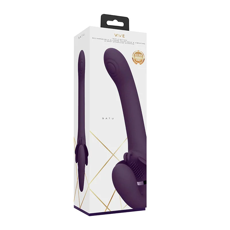 VIVE SATU Rechargeable Triple Motor Pulse-Wave Vibrating Silicone Strapless Strap-On Purple