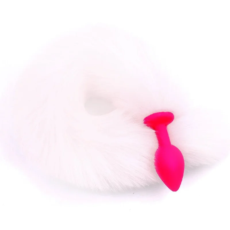 14" White Fox Tail with Pink Silicone Plug