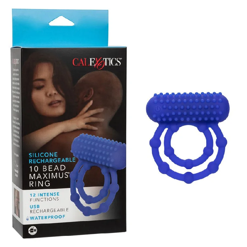 Silicone Rechargeable 10 Bead Maximus Double Cock Ring Blue